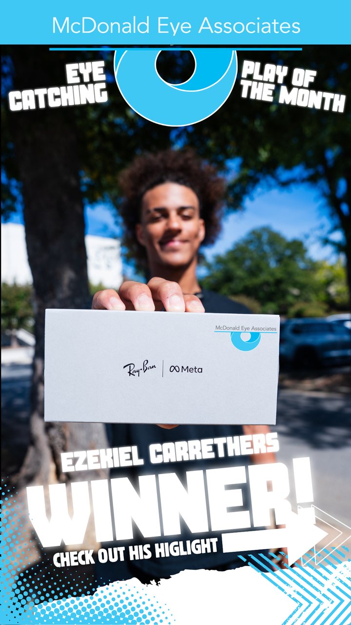 Ezekiel Carrethers holds Ray-Ban Meta glasses: McDonald Eye Associates Eye Catching Play of the Month winner